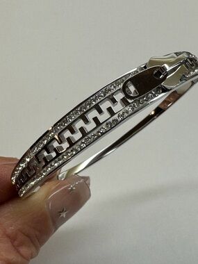 Silver Crystal Zip-Accent Bangle Bracelet